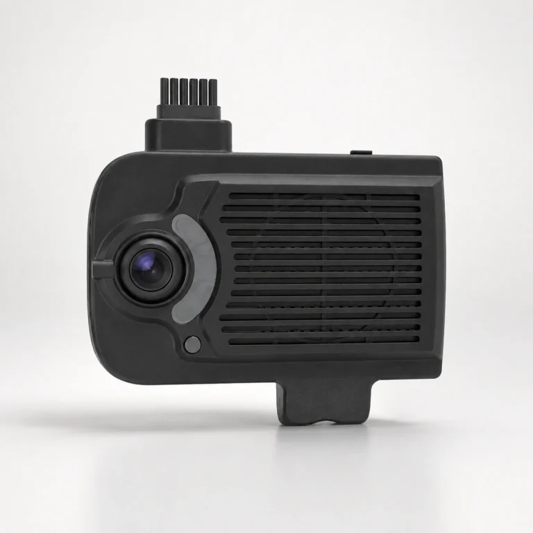 Xignal M607 4G AI dash camera, side view showing the cabin facing lens, the ventilated housing, the windscreen mount bracket and the wiring harness connector