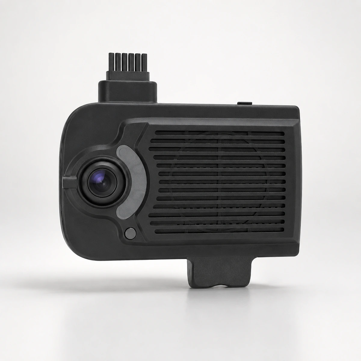 Xignal M607 4G AI dash camera, side view showing the cabin facing lens, the ventilated housing, the windscreen mount bracket and the wiring harness connector
