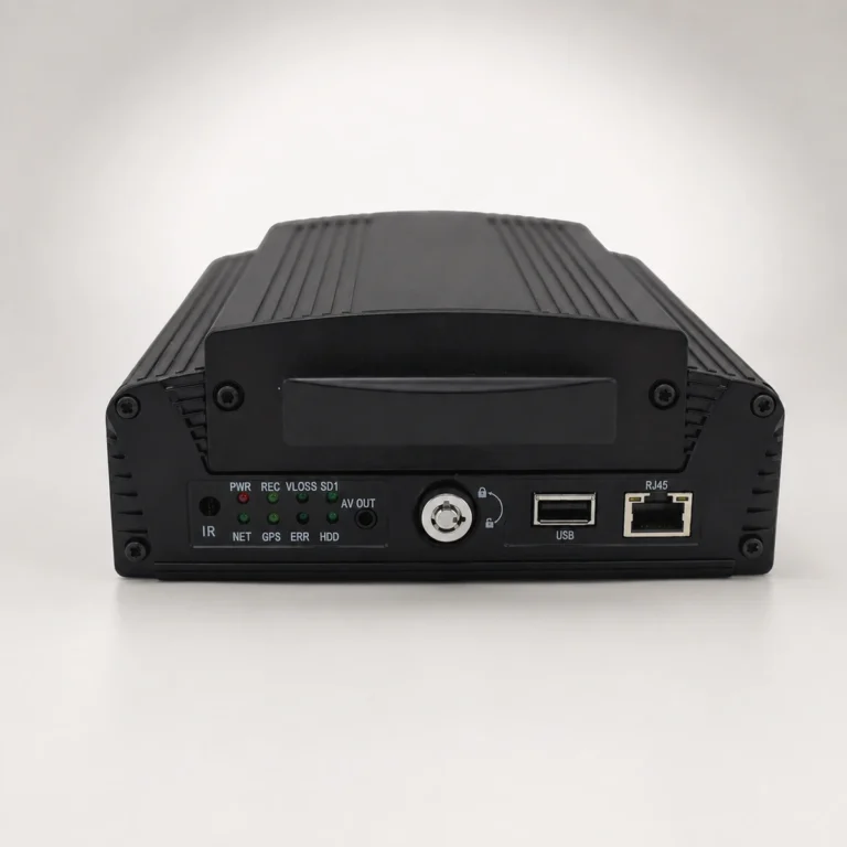 Xignal M710(G4F) four channel mobile DVR, front view showing the status indicators, key lock, AV output, USB backup port and RJ45 network port