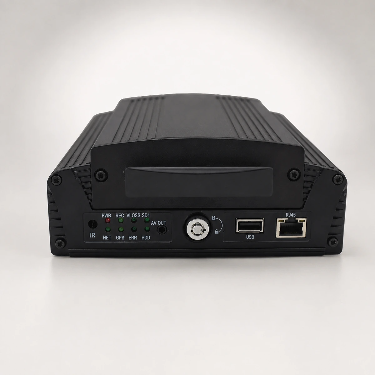 Xignal M710(G4F) four channel mobile DVR, front view showing the status indicators, key lock, USB backup port and RJ45 network port