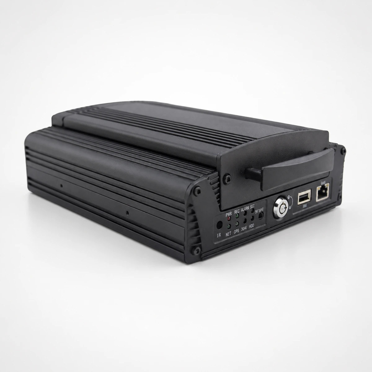 Xignal M710(G4F) mobile DVR seen from a three quarter angle, showing the ribbed alloy case and the removable hard drive caddy with its pull handle
