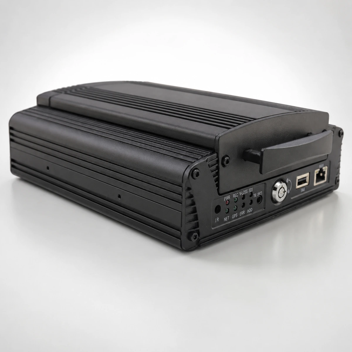 Xignal M720(G4F)-IP mobile NVR from the opposite three quarter angle, showing the ribbed alloy case, the removable drive caddy with its pull handle and the front port cluster