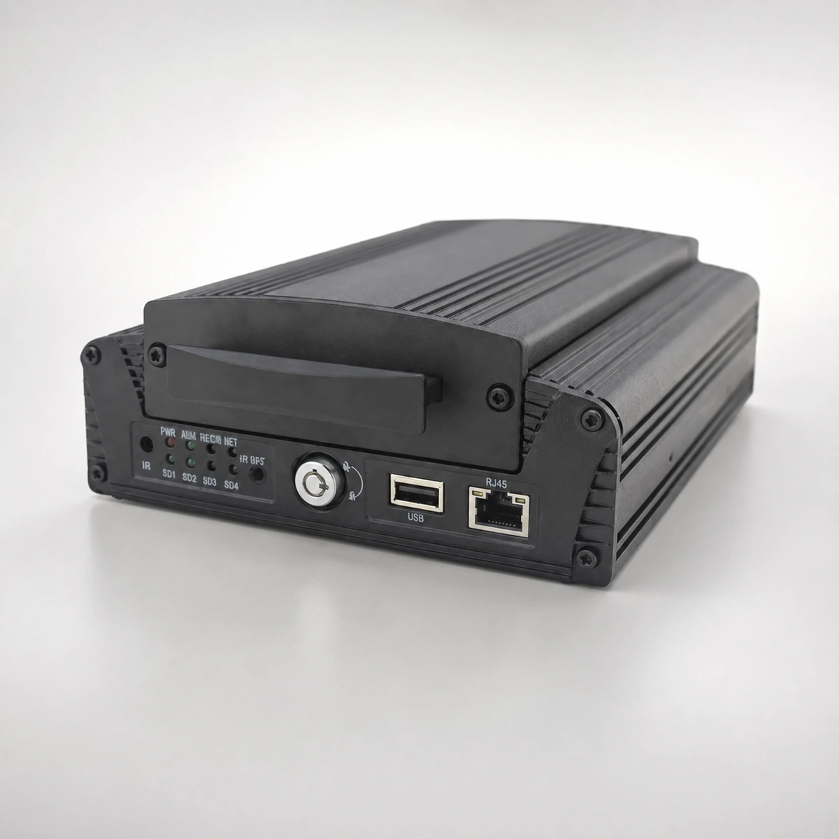 Xignal M720(G4F)-IP hybrid mobile NVR, front three quarter view showing the removable hard drive caddy, key lock, USB backup port and RJ45 network port