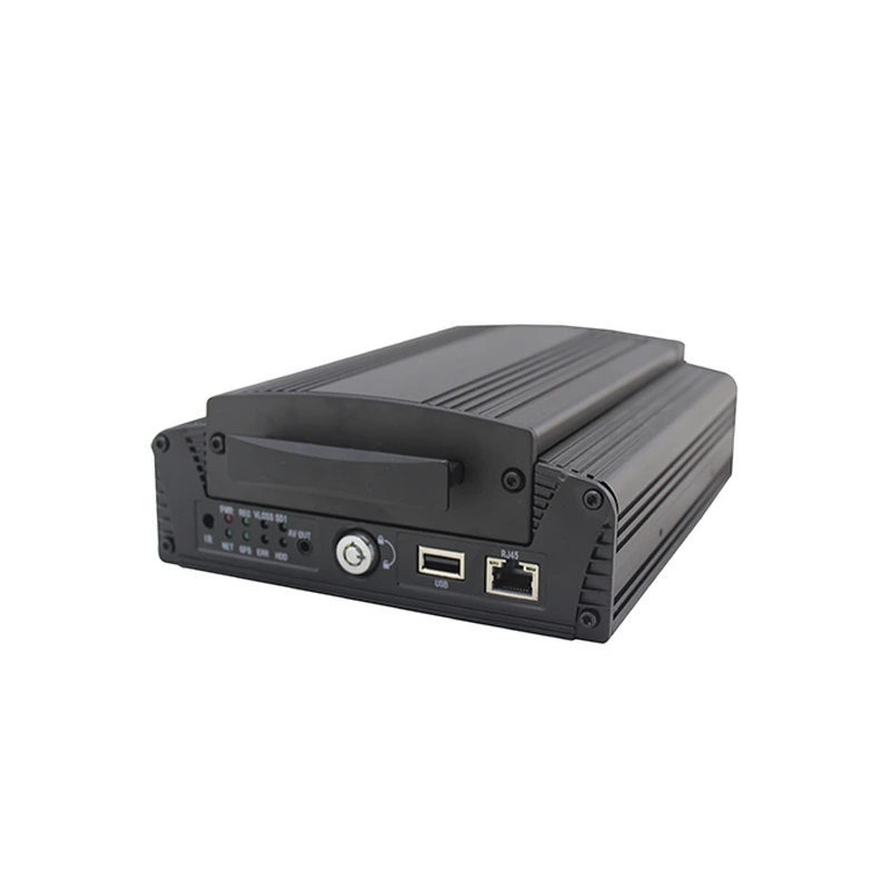 Xignal M720(G4F)-IP hybrid mobile NVR, front view showing the removable drive caddy and front panel ports