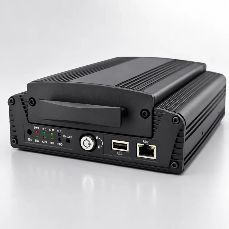 Xignal M728(G4F) eight channel mobile DVR, front three quarter view showing the removable hard drive caddy, front panel USB backup port and RJ45 network port