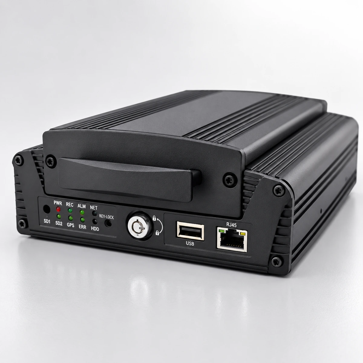 Xignal M728(G4F) eight channel mobile DVR, front three quarter view showing the removable hard drive caddy and front panel ports