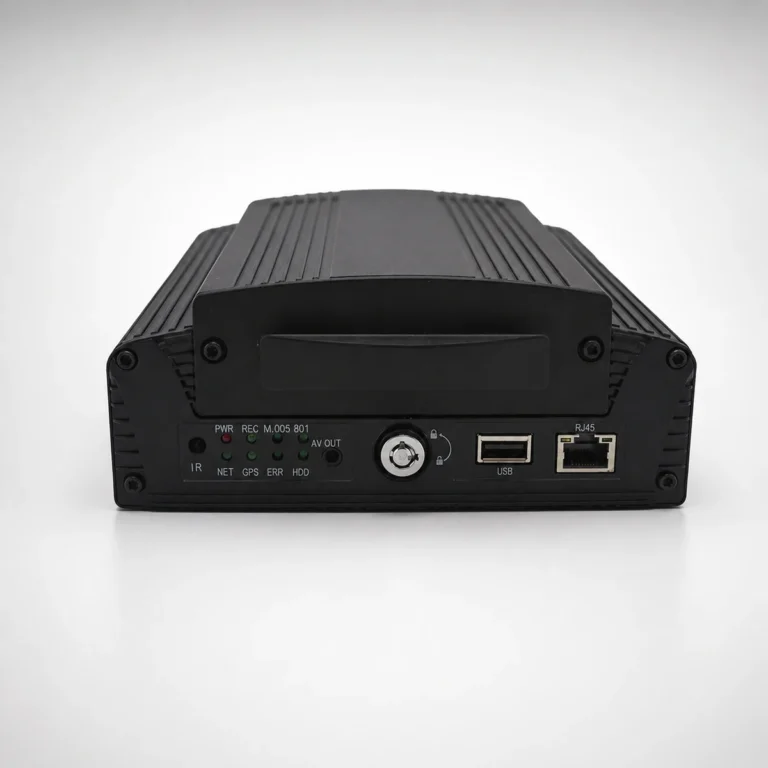 Xignal M728(G4F)-IP hybrid mobile NVR, front view showing the removable hard drive caddy, key lock, USB backup port and RJ45 network port