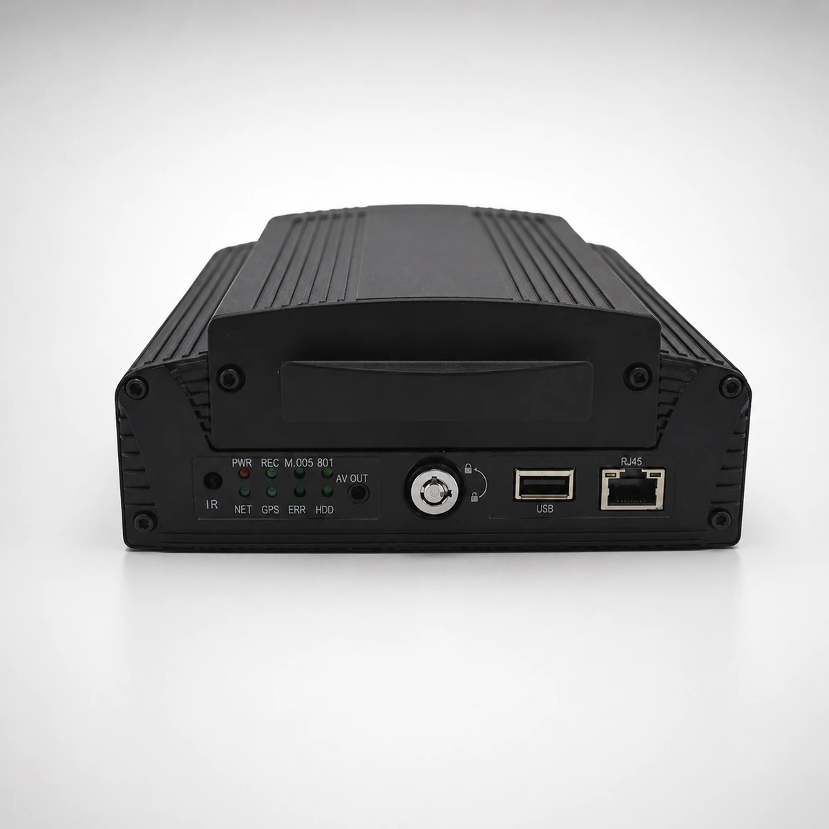 Xignal M728(G4F)-IP hybrid mobile NVR, front view showing the removable hard drive caddy, key lock, USB backup port and RJ45 network port
