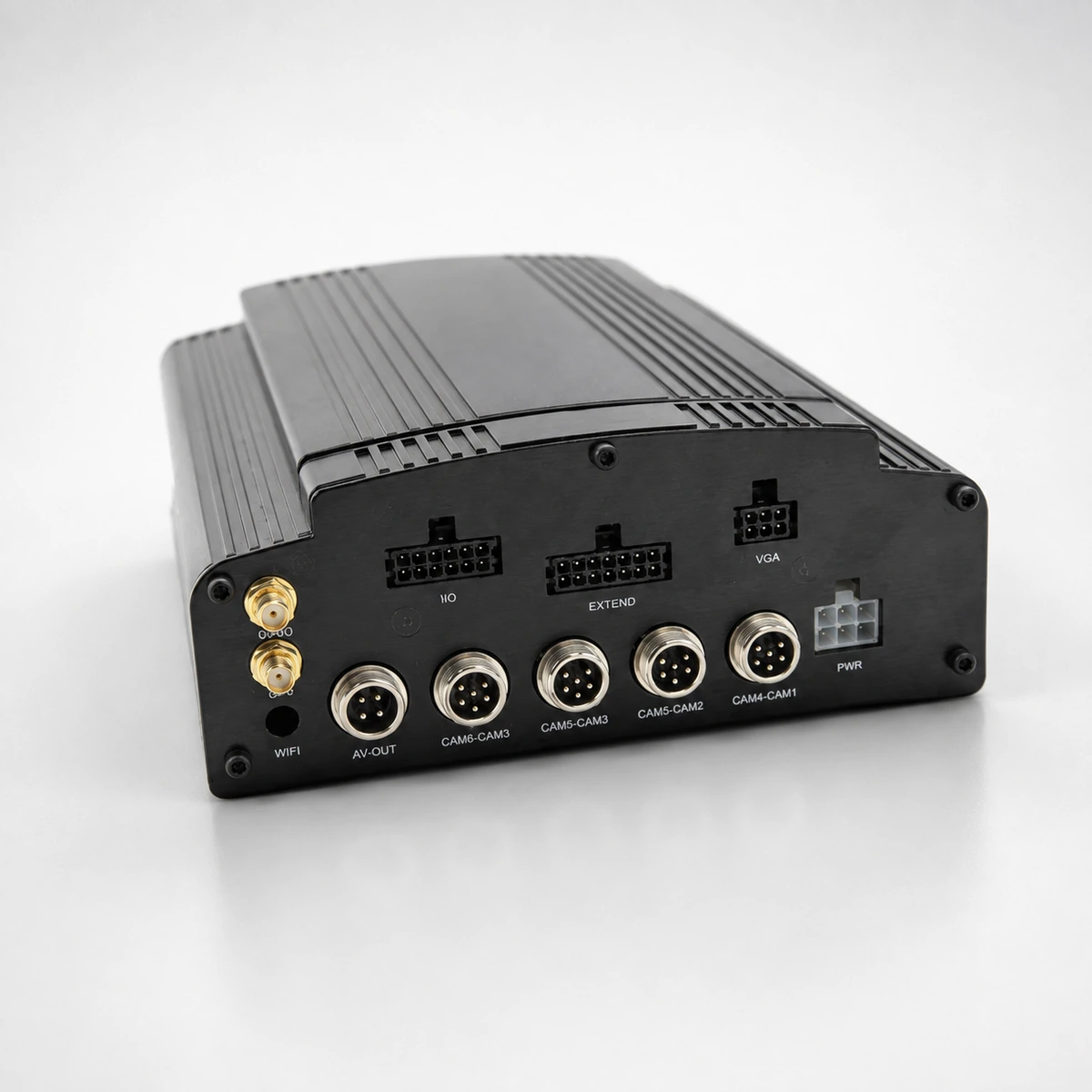 Rear panel of the Xignal M728(G4F)-IP mobile NVR, showing the aviation camera connectors, antenna mounts, serial and alarm headers and the power connector