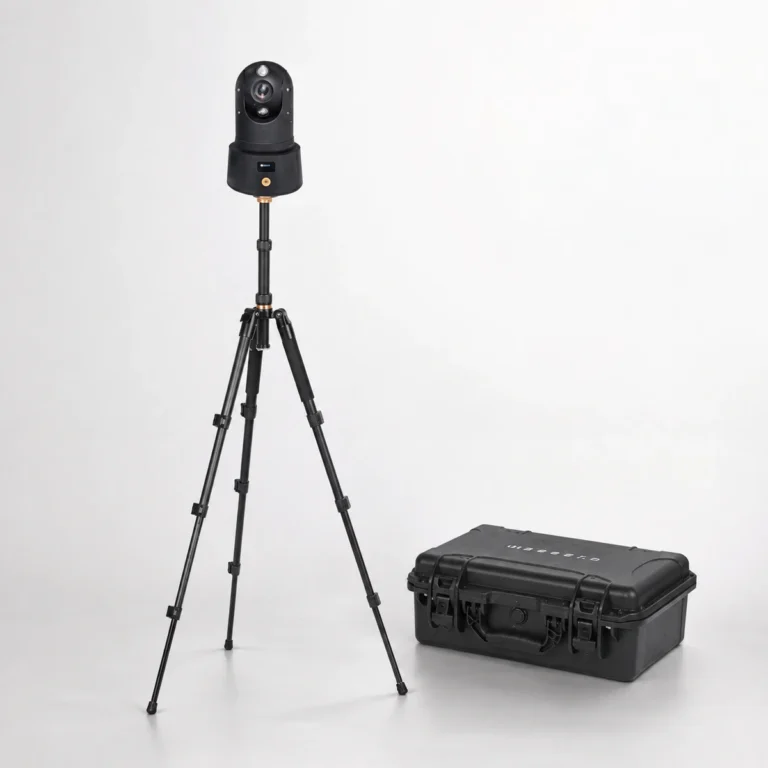 Xignal portable 4G PTZ camera set up on its telescopic tripod beside the hard transit case it is carried in
