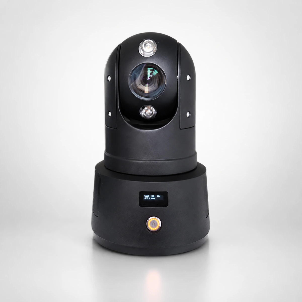 Xignal portable 4G PTZ camera seen straight on, showing the zoom lens between two illuminators and the battery base with its status display and power button