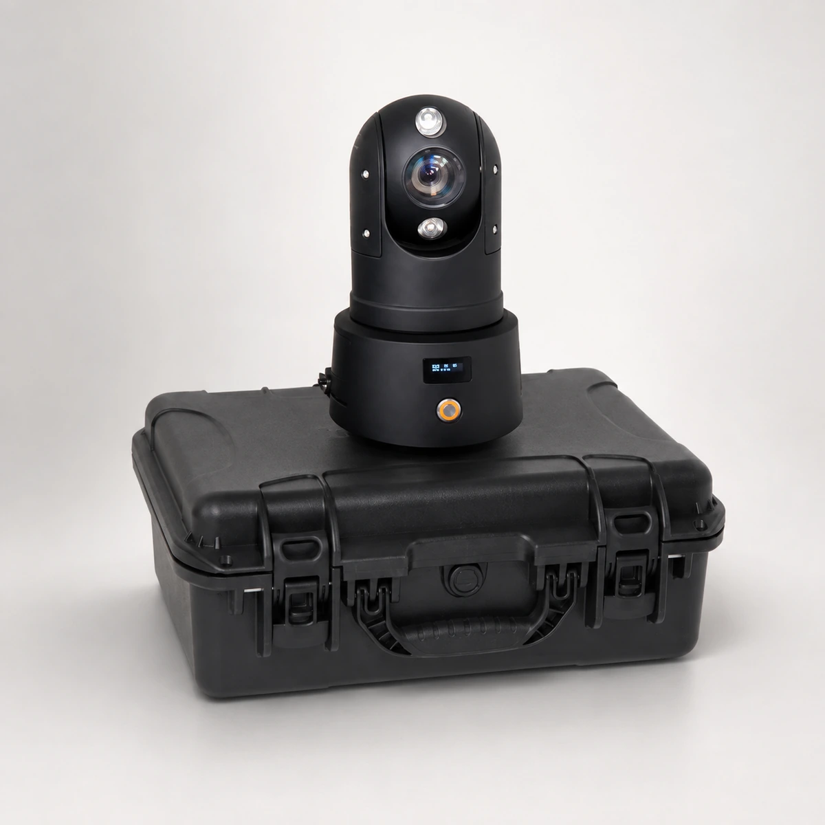 Xignal portable 4G PTZ camera standing on its closed hard transit case, showing the size of the unit against the case it packs into