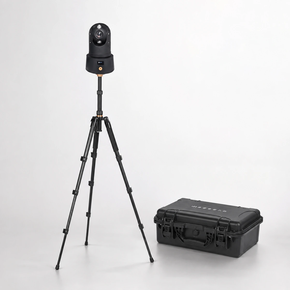 Xignal portable 4G PTZ camera set up on its telescopic tripod beside the hard transit case it is carried in