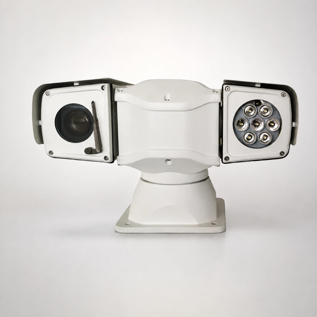 Xignal vehicle PTZ camera, front view of the T shaped head showing the camera pod with its wiper blade on one arm and the array infrared illuminator on the other, on a bolt down base