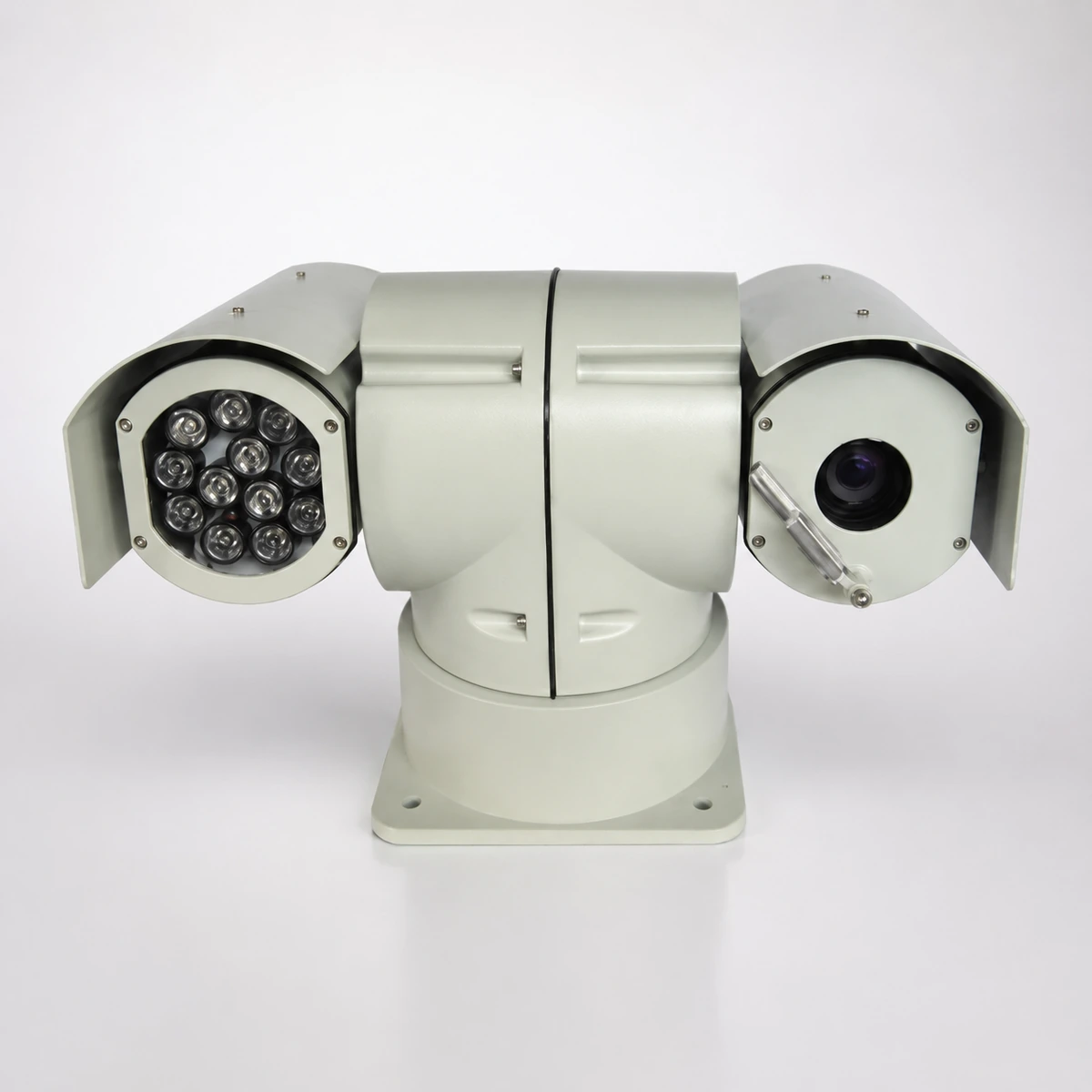 Xignal vehicle PTZ camera from the opposite side, showing the twelve element array infrared illuminator, the zoom lens with its wiper and the sun shrouds over both pods